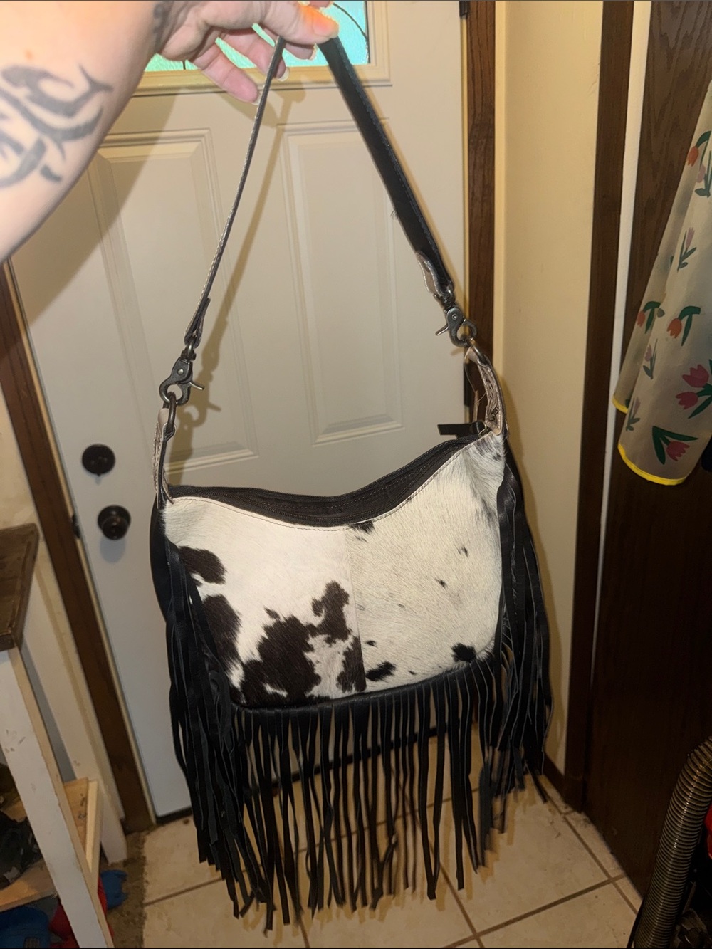 NWOT Cowhide Fringe Shoulder Bag - Black & White